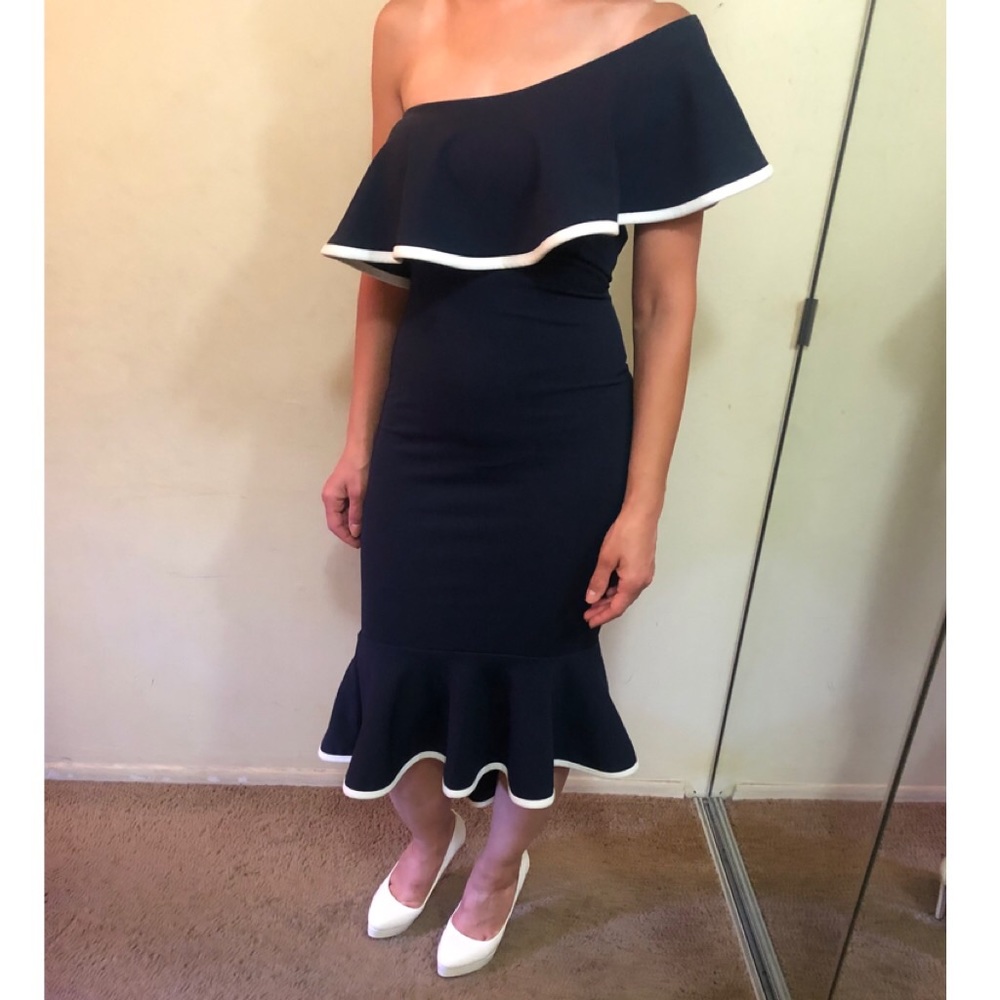 Navy blue and white ruffle midi dress (WORN ONCE)